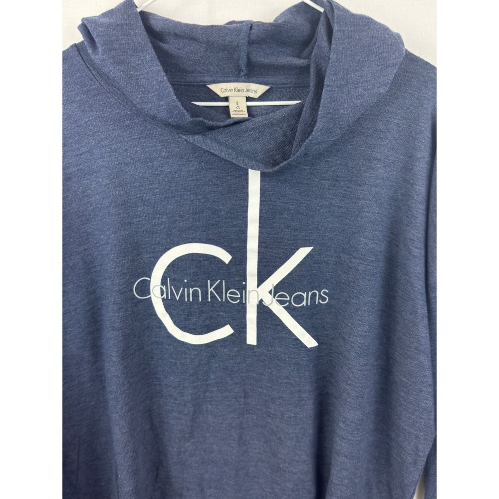 Calvin Klein Jeans Hoodie Womens Large Blue Heathered CK Pullover Sweatshirt - Picture 2 of 6